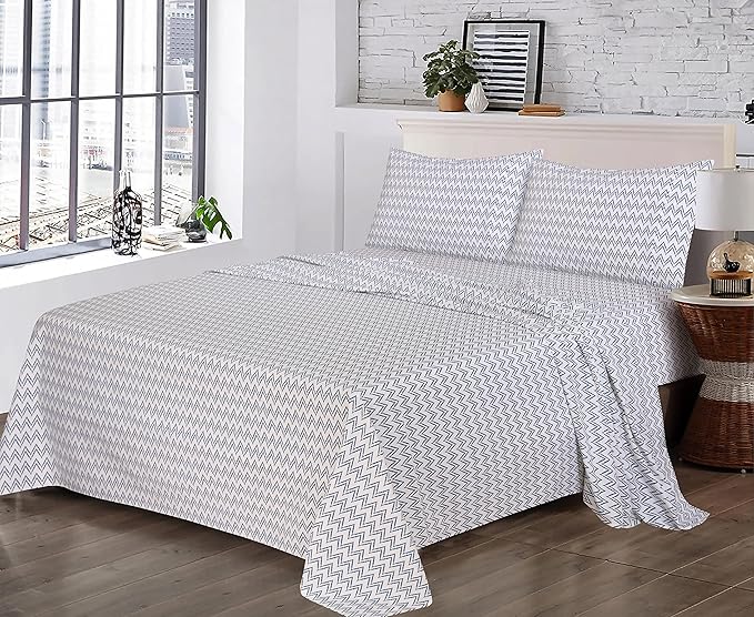RUVANTI 100% Cotton Sheets – Queen Size Percale Bedding, Cooling & Breathable Floral Design, Durable with a Crisp, Soft & Comfortable Feel, 16" Deep Pocket, 4-Piece Set, Chevron