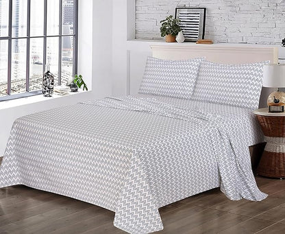 RUVANTI 100% Cotton Sheets – Queen Size Percale Bedding, Cooling & Breathable Floral Design, Durable with a Crisp, Soft & Comfortable Feel, 16" Deep Pocket, 4-Piece Set, Chevron
