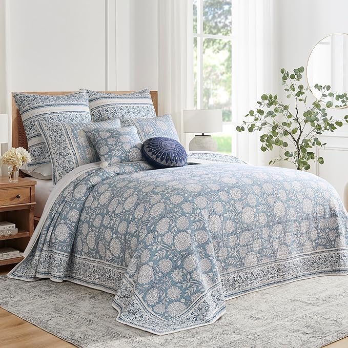 Levtex Home – Adare Blue Bedspread Set – Twin Bedspread (80x106in.) and 1 Standard Sham (20x26in.) – Floral Botanical Design – Blue and White – Reversible – Cotton