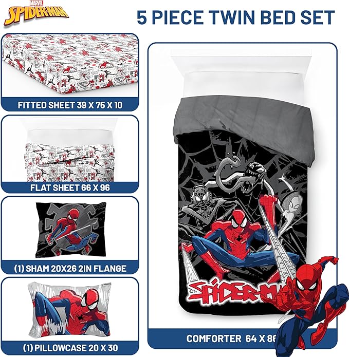 Jay Franco Kids Comforter Set Includes Sheets and Pillow Covers - Soft and Cozy Bed Set for Stylish Room Decor, Black - Spiderman, 5 Piece Twin Bedding