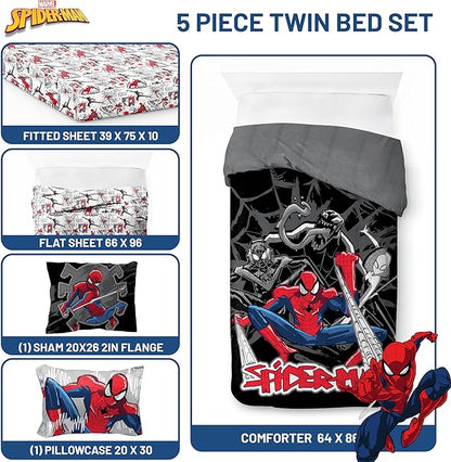 Jay Franco Kids Comforter Set Includes Sheets and Pillow Covers - Soft and Cozy Bed Set for Stylish Room Decor, Black - Spiderman, 5 Piece Twin Bedding
