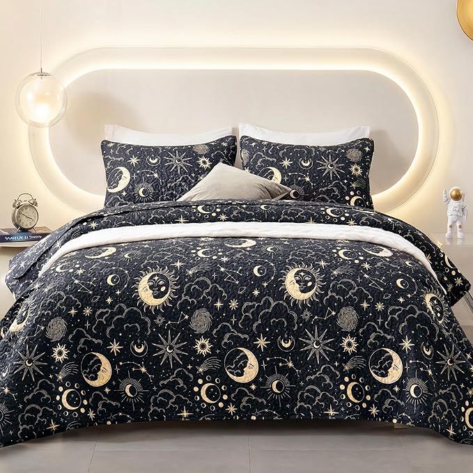 EXQ Home Quilt Set King Size Black Print 3 Piece,Lightweight Soft Coverlet Modern Style Sun Starry Pattern Bedspread Set(1 Quilt,2 Pillow Shams)