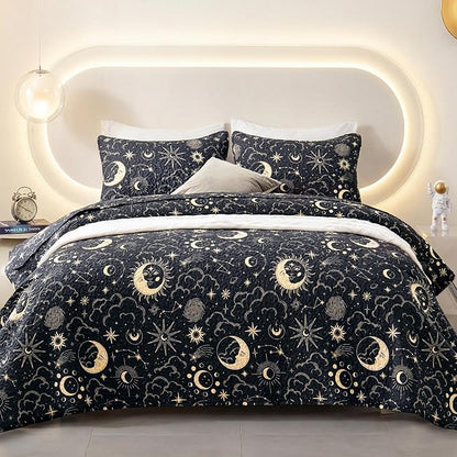 EXQ Home Quilt Set King Size Black Print 3 Piece,Lightweight Soft Coverlet Modern Style Sun Starry Pattern Bedspread Set(1 Quilt,2 Pillow Shams)