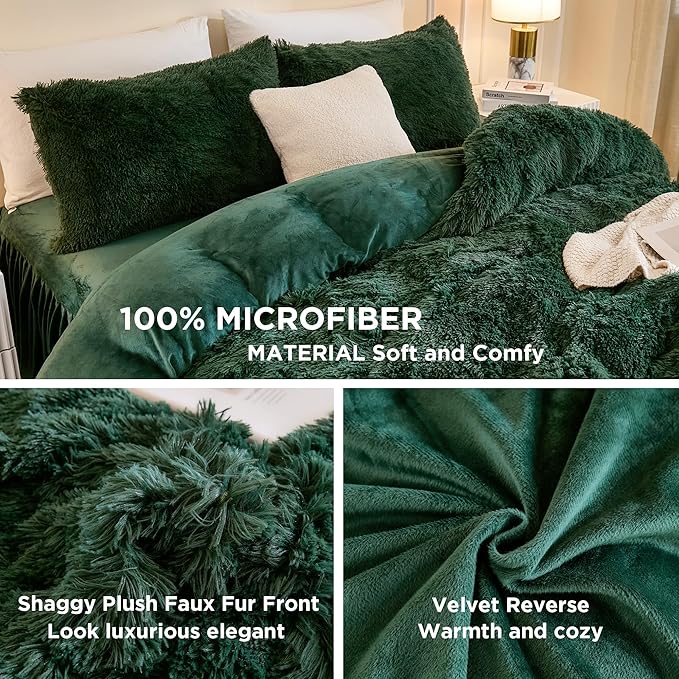Andency Fluffy Emerald Green Comforter Set Full Size, 3 Pieces Winter Faux Fur Warm Soft Fuzzy Plush Bedding Comforter Set (1 Velvet Comforter & 2 Pillowcases), Thick Heavy Puffy Comfy Bedding Set