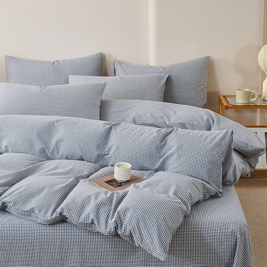 EAVD Modern Style Gingham Duvet Cover Twin Soft 100% Washed Cotton Blue and White Plaid Duvet Cover Set with 2 Pillowcases Reversible Farmhouse Geometric Checkered Bedding Set with Zipper