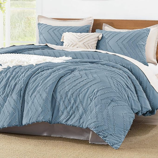 Litanika Oversized King Comforter Set Super King Size 120x120, 3 Pieces Grayish Blue Chevron Tufted Solid Bedding Comforter Sets, Fluffy Bed Set