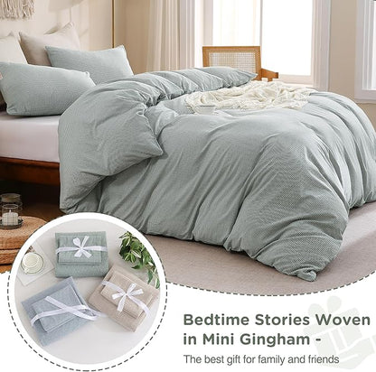 TOCOMOA Mini Gingham Green Duvet Cover Bedding Set 100% Washed Cotton Like Linen Feel Super Soft Comfortable 3 Piece Small Plaid Checkered Comforter Cover Set (Queen 90"x90", Comforter Not Included)