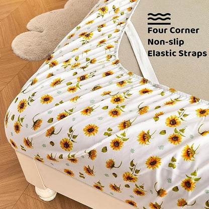 Softan Yellow Floral Sheet Set King, Sunflower Printed Bed Sheets King, Brushed Microfiber Fitted Sheet with 15" Deep Pocket & Non-Slip Straps, Yellow Flower Patterned Sheet & Pillowcase Sets
