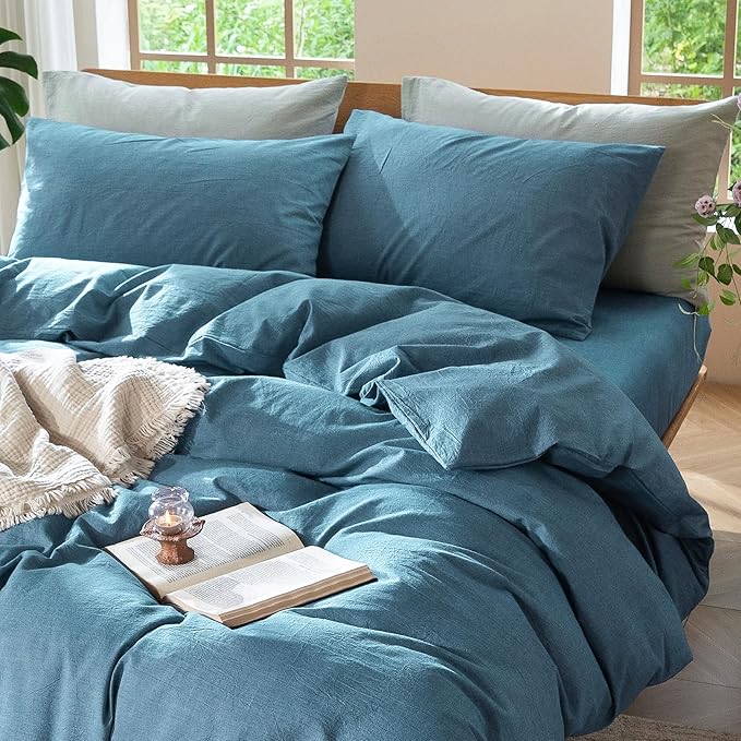 MooMee Bedding Duvet Cover Set 100% Washed Cotton Linen Like Textured Breathable Durable Soft Comfy (Heathered Peacock Blue, Super King 108"x98")