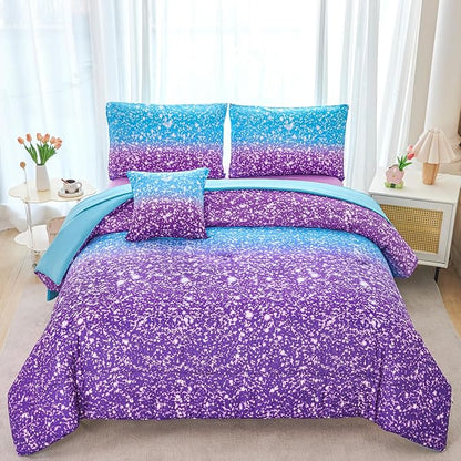 RYNGHIPY Blue Purple Girls Bedding Set 3D Colorful Galaxy Starry Comforter Sets for Girls Kids Queen Lightweight Soft Rainbow Bed in A Bag