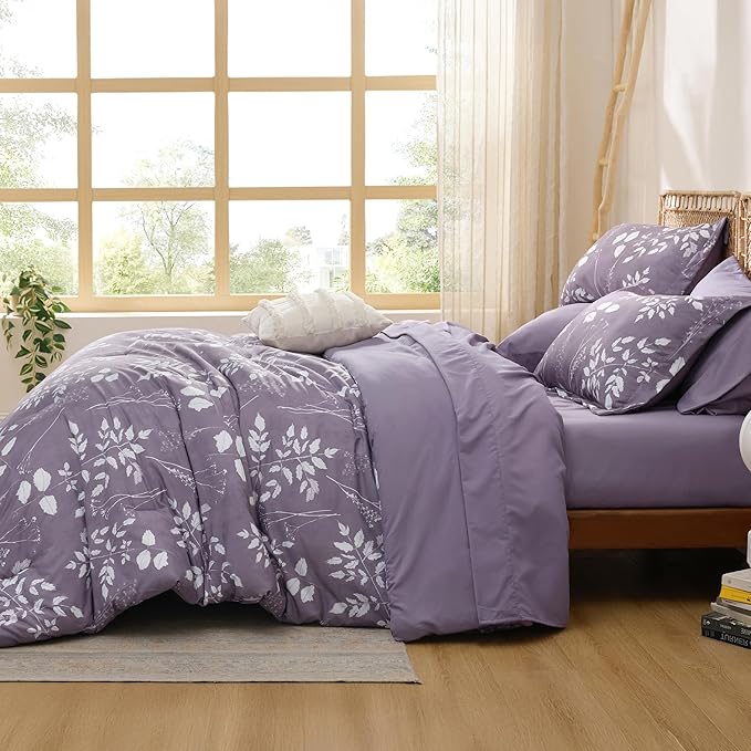 Bedsure Grayish Purple King Comforter Set - 7 Pieces Floral Bedding Sets King Bed in a Bag with Reversible Botanical Flowers Comforter, Sheets, Pillowcases & Shams