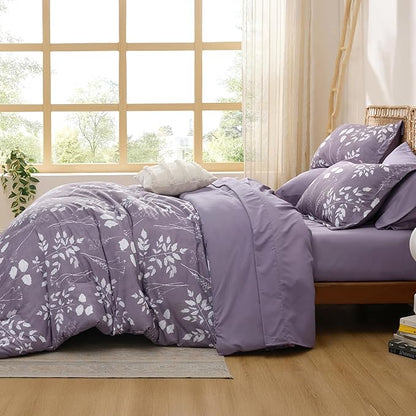 Bedsure Grayish Purple Full Comforter Set - 7 Pieces Floral Bedding Sets Full Bed in a Bag with Reversible Botanical Flowers Comforter, Sheets, Pillowcases & Shams
