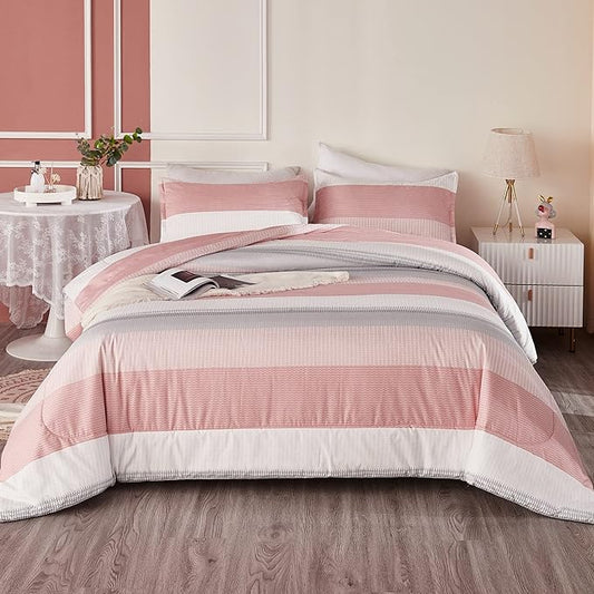 Litanika Pink Comforter Set Queen, 3 Pieces Blush White Colorblock Lightweight Bedding Comforter Set