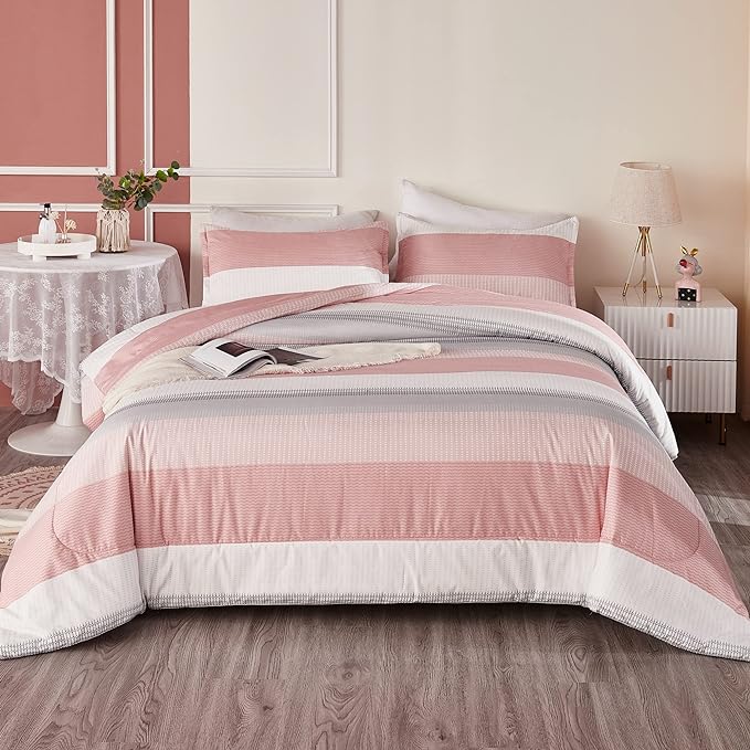 Litanika Pink Comforter Set Queen, 3 Pieces Blush White Colorblock Lightweight Bedding Comforter Set