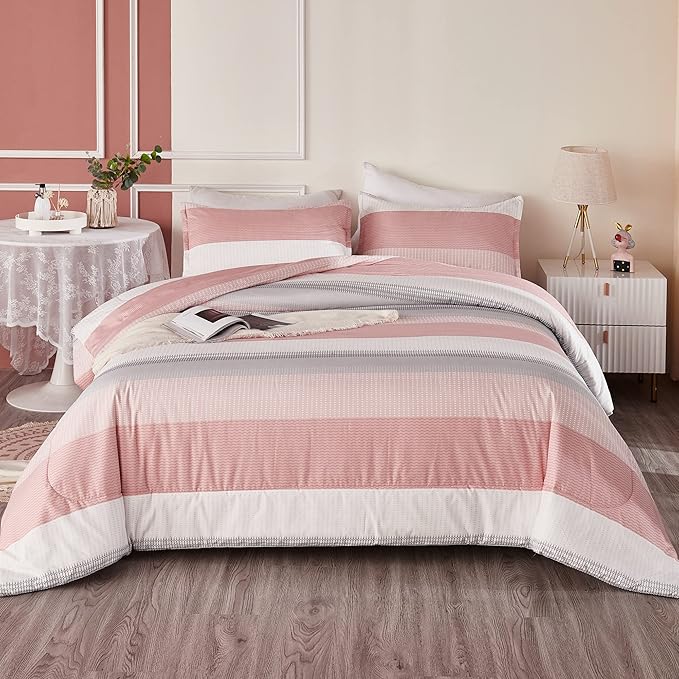Litanika Pink California King Comforter Set - 3 Pieces Blush Cal King Oversized Lightweight Summer Colorblock Stripe Bedding Set (104x96In, 2 Pillowcases)