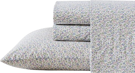 Laura Ashley - Twin Sheet Set, Crisp & Cool Cotton Percale Bedding with Deep Pockets, Lightweight for Year Round Comfort, Bed Sheets with Matching Pillowcase (Emogene Purple)