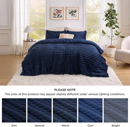 Bedsure King Comforter - GentleSoft™ 3 Pieces Double-Side Fleece Fluffy Navy Blue Comforter Set, Cozy Striped Room Decor Aesthetic, Luxury King Size Bedding with 2 Pillowcases, 104x90 Inches