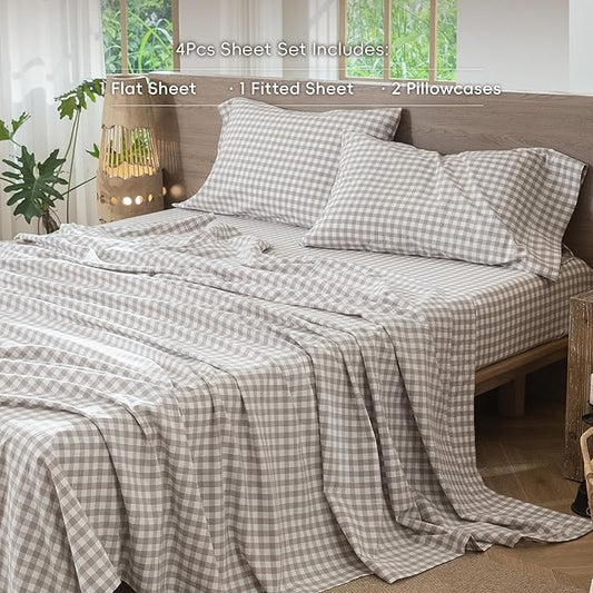 MooMee Gingham Sheet Set 100% Washed Cotton Linen Like Textured Breathable Soft w/Fully Elasticized 16-19" Deep Pocket (Classic Gingham Tannish Linen Grey, Queen)