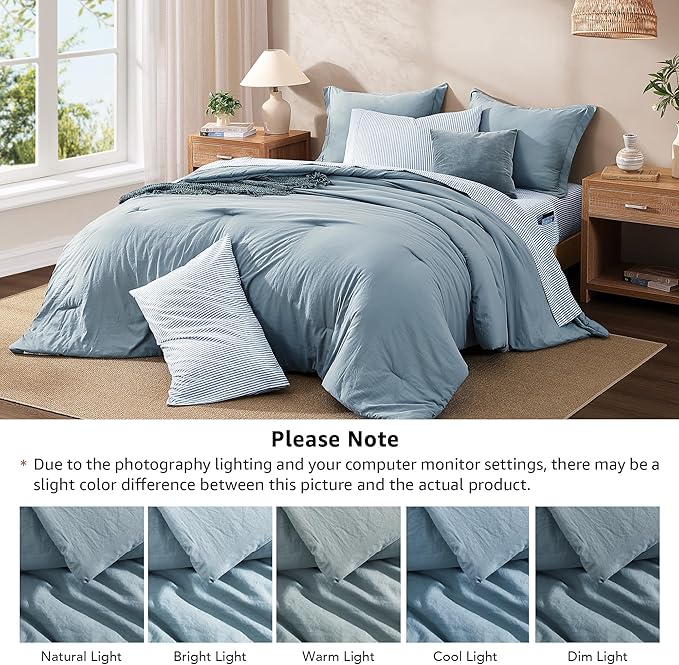 Monbix Queen Comforter Set - 7 Pieces Dusty Blue Prewashed Bed in a Bag Queen Bedding Sets with Comforters, All Seasons Ultra Soft Comforter Bed Set with Sheets,Pillowcases & Shams