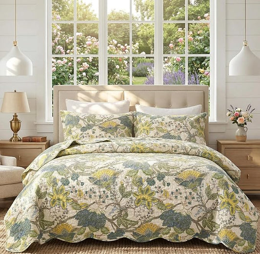 DURLENGEN Forest 100% Cotton King Quilt 3Pcs,Bohemian Reversible Leaves & Flowers Pattern on White, Luxury Lightweight Coverlet Sets for All Season(King 106x96,Forest)