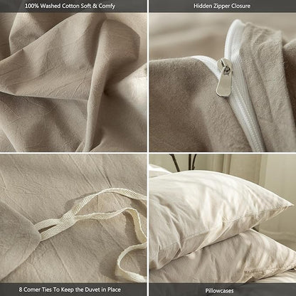 MooMee Bedding Duvet Cover Set 100% Washed Cotton Linen Like Textured Breathable Durable Soft Comfy (Solid Light Camel, King 104"x90")