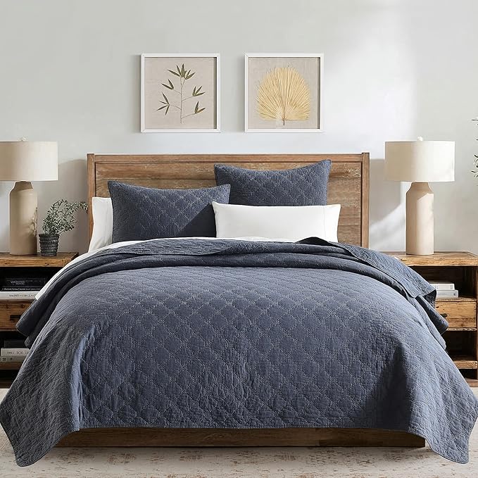 HORIMOTE HOME 55% Linen Front/100% Cotton Back Quilt Set King Size, Steel Blue Pre-Washed Cotton Linen Quilt Set, Geometric Stitched Pattern Bedspread Coverlet Bedding Set 3-Piece for All Seasons