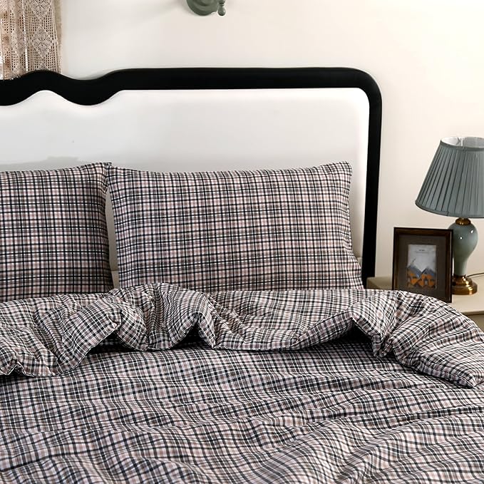 SDIII 3PCS Brown Gingham Comforter Set Twin 100% Washed Microfiber Lightweight Brown Gingham Bedding Twin Soft Bedding Farmhouse Shabby Chic Checkered
