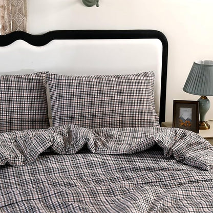 SDIII 3PCS Brown Gingham Comforter Set Full 100% Washed Microfiber Lightweight Gingham Bedding Full Farmhouse Shabby Chic Checkered Bedding Brown