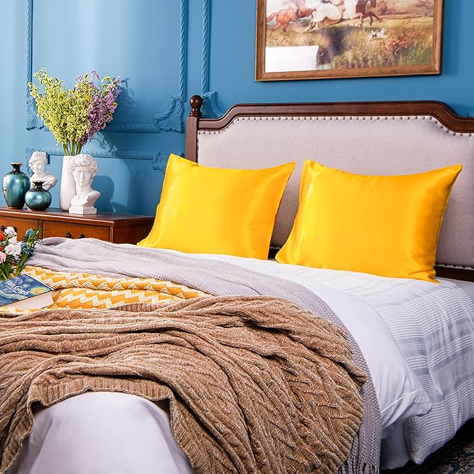 NTBAY 2 Pack Satin King Pillowcases for Hair and Skin, Luxurious and Silky Pillow Cases with Envelope Closure, 20x40 Inches, Yellow