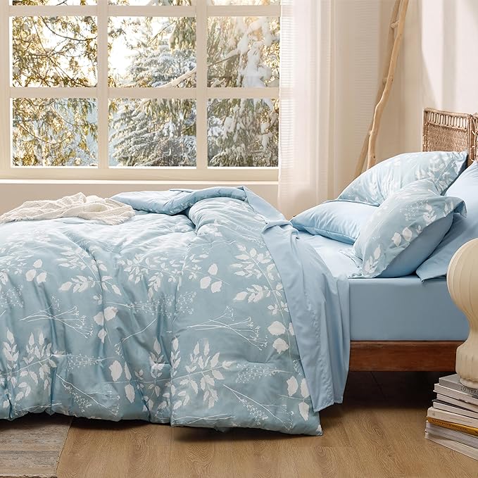 Bedsure Sky Blue Twin Comforter Set - 5 Pieces Floral Bedding Sets, Twin Bed in a Bag with Reversible Botanical Flowers Comforter, Sheets, Pillowcase & Sham