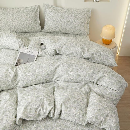 VM VOUGEMARKET Twin Duvet Cover Set with Green Flower Pattern,Pure Cotton Bedding Set Vintage Floral Prints Comforter Cover Conquette Cottagecore Bedding for Teen Girls