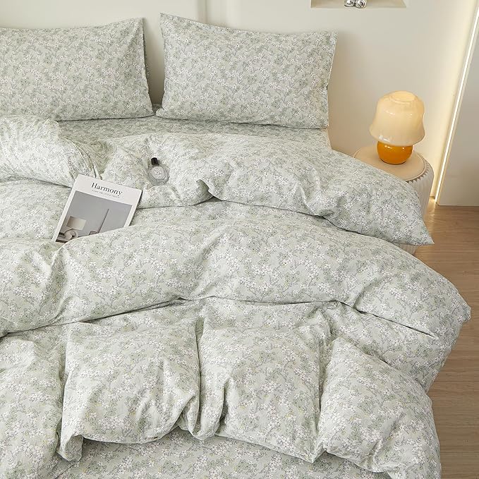 VM VOUGEMARKET Vintage Green Flower Duvet Cover Set Queen Fresh Botanical Bedding Set 100% Cotton Reversible Vintage Comforter Cover with Zipper&Ties