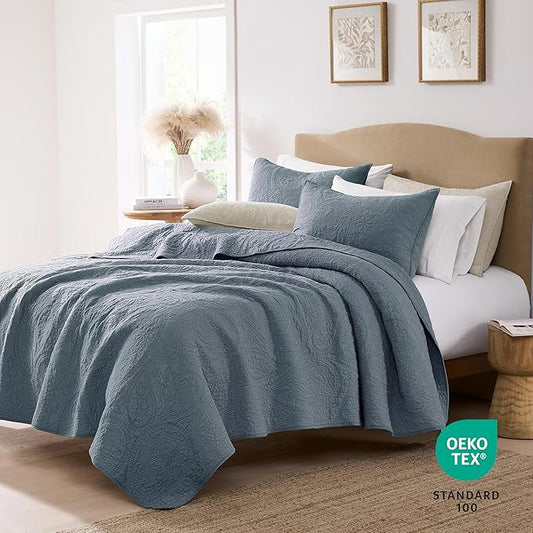 PALASSIO Dusty Blue Paisley 100% Cotton Quilt King Size Bedding Sets with 2 Pillow Shams, Boho Floral Lightweight Farmhouse Country Vintage Soft Bedspread Shabby Chic Coverlet for All Season, 3 Pieces