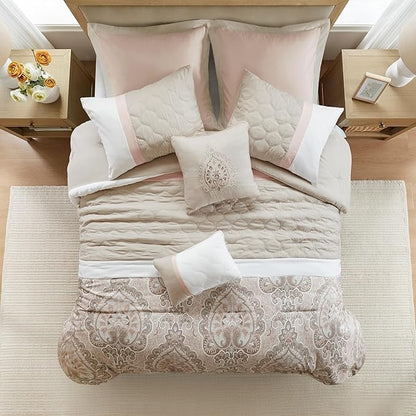 510 DESIGN Luxe Quilted Comforter Set Modern Transitional Design, All Season Down Alternative Warm Bedding Matching Shams, Bedskirt, Decorative Pillow, King, Shawnee Scrollwork Blush