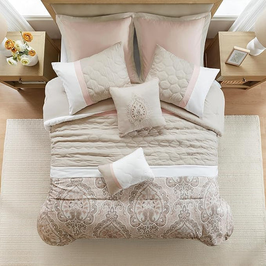510 DESIGN Luxe Quilted Comforter Set Modern Transitional Design, All Season Down Alternative Warm Bedding Matching Shams, Bedskirt, Decorative Pillow, King, Shawnee Scrollwork Blush