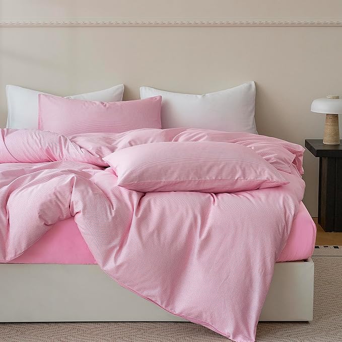 JELLYMONI 100% Natural Cotton 3pcs Striped Duvet Cover Sets,White with Pink Stripes Pattern Printed Comforter Cover,with Zipper Closure & Corner Ties(Full Size)