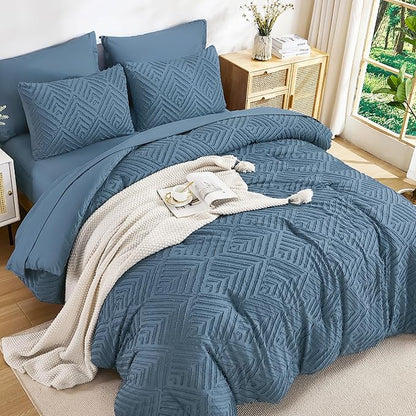 Andency Oversized King Size Comforter Set 7 Pieces Ocean Blue - Bed in a Bag Oversized King Boho Lightweight Fluffy Tufted Bedding Sets with Comforter, Sheets, Pillowcases & Shams