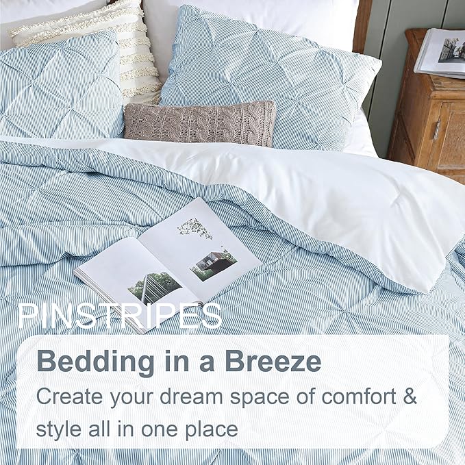 Swift Home Full/Queen Pinstripe Chambray Blue Comforter Set - Classic Pintuck Bedding Set - 3 Pieces Bed Linen, 1 Comforter and 2 Pillow Shams