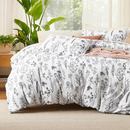 Bedsure Duvet Cover King Size - Reversible White King Duvet Cover Set with Zipper Closure, 3 Pieces Floral Patterned Bedding Set with 8 Corner Ties and 2 Pillow Shams