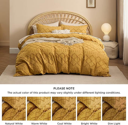 Bedsure Boho Duvet Cover King Size,Mustard Yellow Breathable & Soft Boho Bedding, Machine Washable Comforter Cover for All Seasons, Includes 1 Duvet Cover 104"x90" with 2 Pillow Shams & Zipper Closure