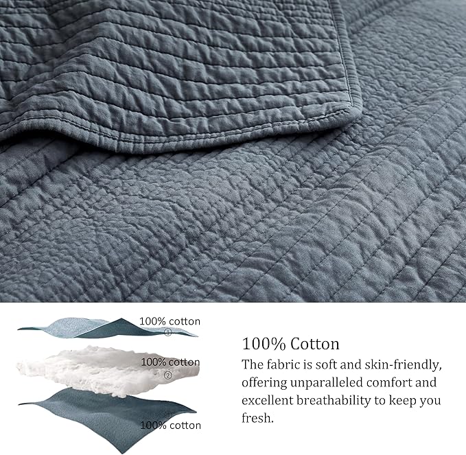 palassio Striped Blue Grey 100% Cotton Quilt Twin Size Bedding Sets, Lightweight Crinkly Channel Pick Stitch Textured Bedspread Soft Shabby Chic Farmhouse Country Coverlet for All Season, 1 Sham