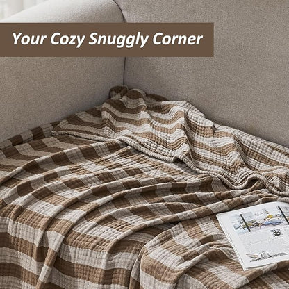 EMME Cotton Muslin Large Throw Blanket Couch Breathable Gauze Soft Lightweight Bed Blankets Adults (Striped Brown, 50"x70")