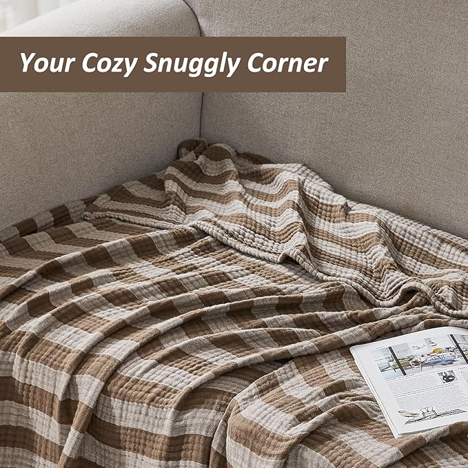 EMME Cotton Muslin Twin XL Blanket Breathable Gauze Soft Lightweight Adults Gifts for Women (Striped Brown, 66"x90")