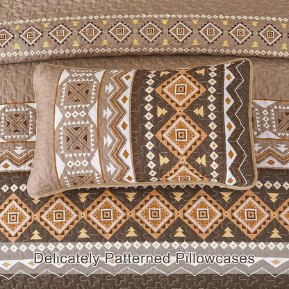 WONGS BEDDING Boho Quilt Set King Size,3 Pieces Brown Geometry Printed Bedspread Coverlet Set,Lightweight Microfiber Bedding Set with 2 Pillowcases,104"×90"