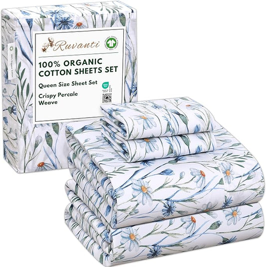 RUVANTI 100% Organic Cotton Sheets Queen Size, Percale Weave, GOTS Certified, 4-Piece Set, Deep Pocket 15", Crisp & Breathable, Soft Durable Bedding, Sábanas Algodón Orgánico – Daisy Bud