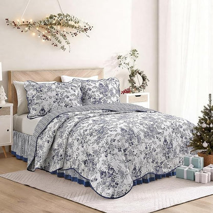 Wonderful 100% Cotton Blue Floral Quilt Set King Size Bedding Sets with Pillow Shams and Bed Skirt, 4 Pieces Floral Bedspread Coverlet, Quilted Blanket Bed Cover for All Season, 104"x90"