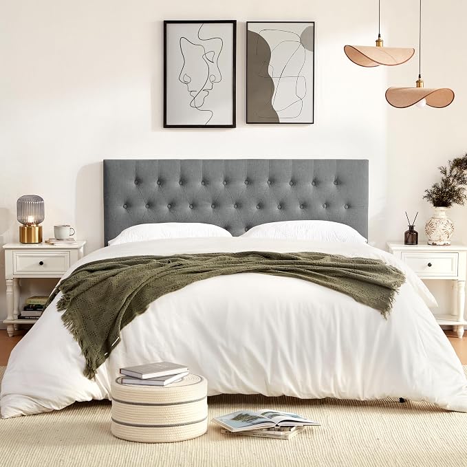 Upholstered Headboard California King, Adjustable Height 37''- 51'', Gray | Sturdy Durable Solid Wood Bed Headboard, Tufted Fabric California King Headboard, Modern Button Diamond Design Head Board
