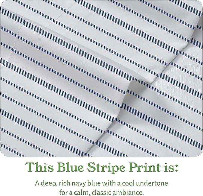 California Design Den Stripe Sheets Queen Size Set - 100% Organic Cotton, Soft and Crisp Percale, Durable Deep Pocket Queen Sheets & Pillowcase Set - Blue Stripe