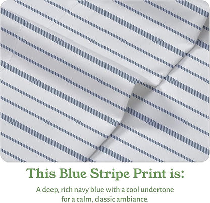 California Design Den California King Sheet Stripe, 100% Organic Cotton Percale Sheets, Deep Pocket Cal King Size Sheets & Pillowcase Set - Blue Stripe