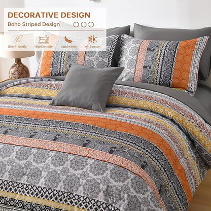 Cottolester Boho Comforter Set King Size,8 Pieces Orange Bohemian Striped Bed in a Bag,Paisley Soft Microfiber Bedding Comforter Set